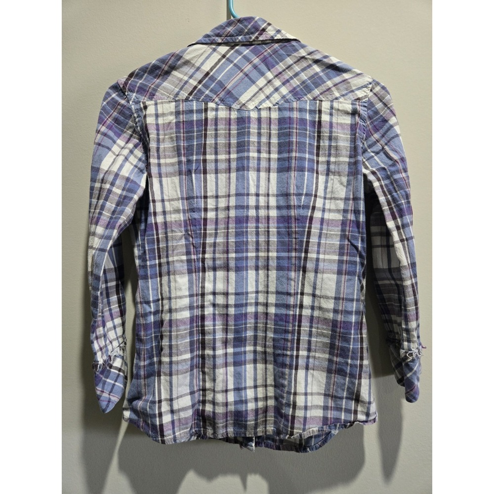 Arizona Jean Co Y2K Women's M Blue Purple White Plaid Shirt Frayed Snap Buttons - Picture 2 of 8